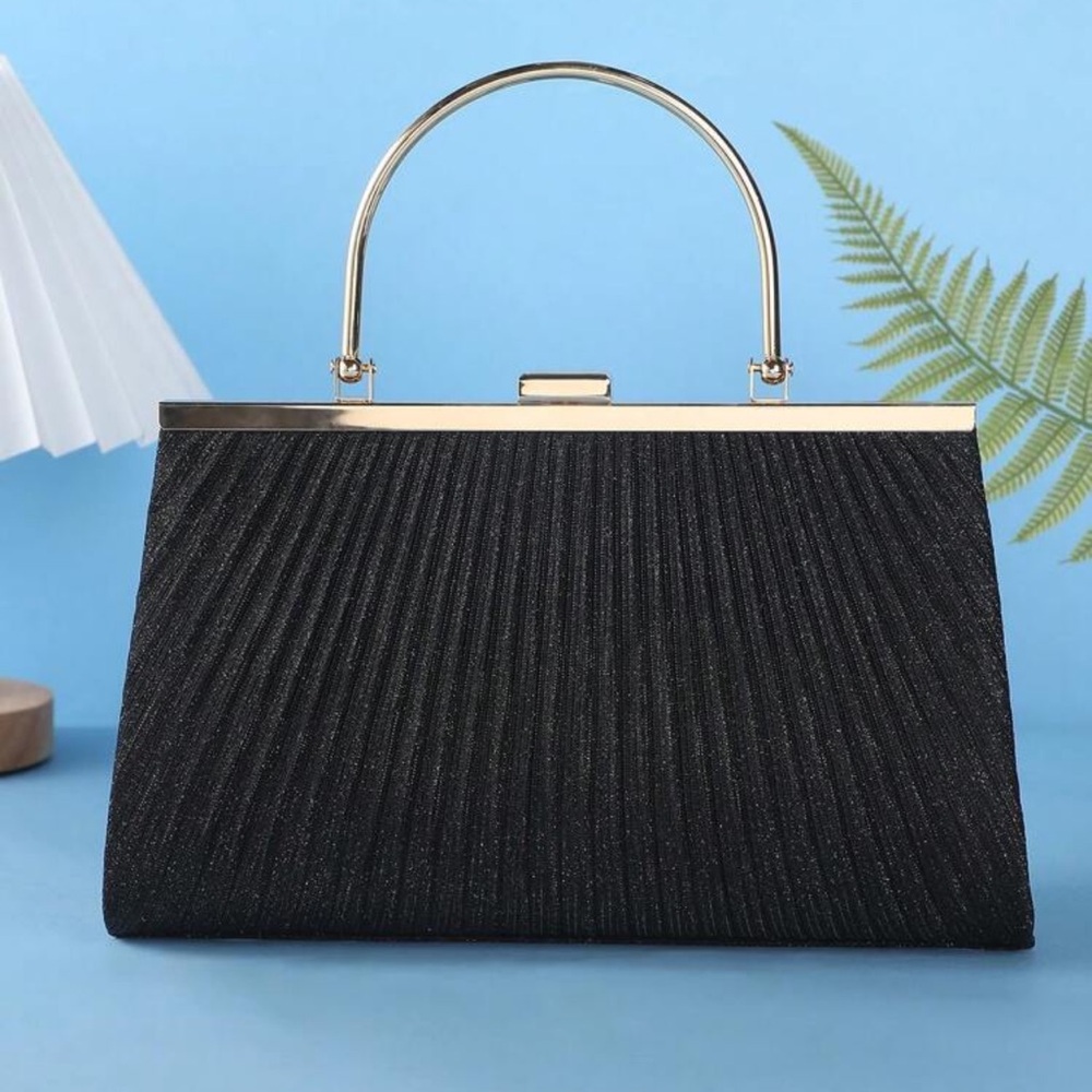 Black Textured Clutch with Gold Frame